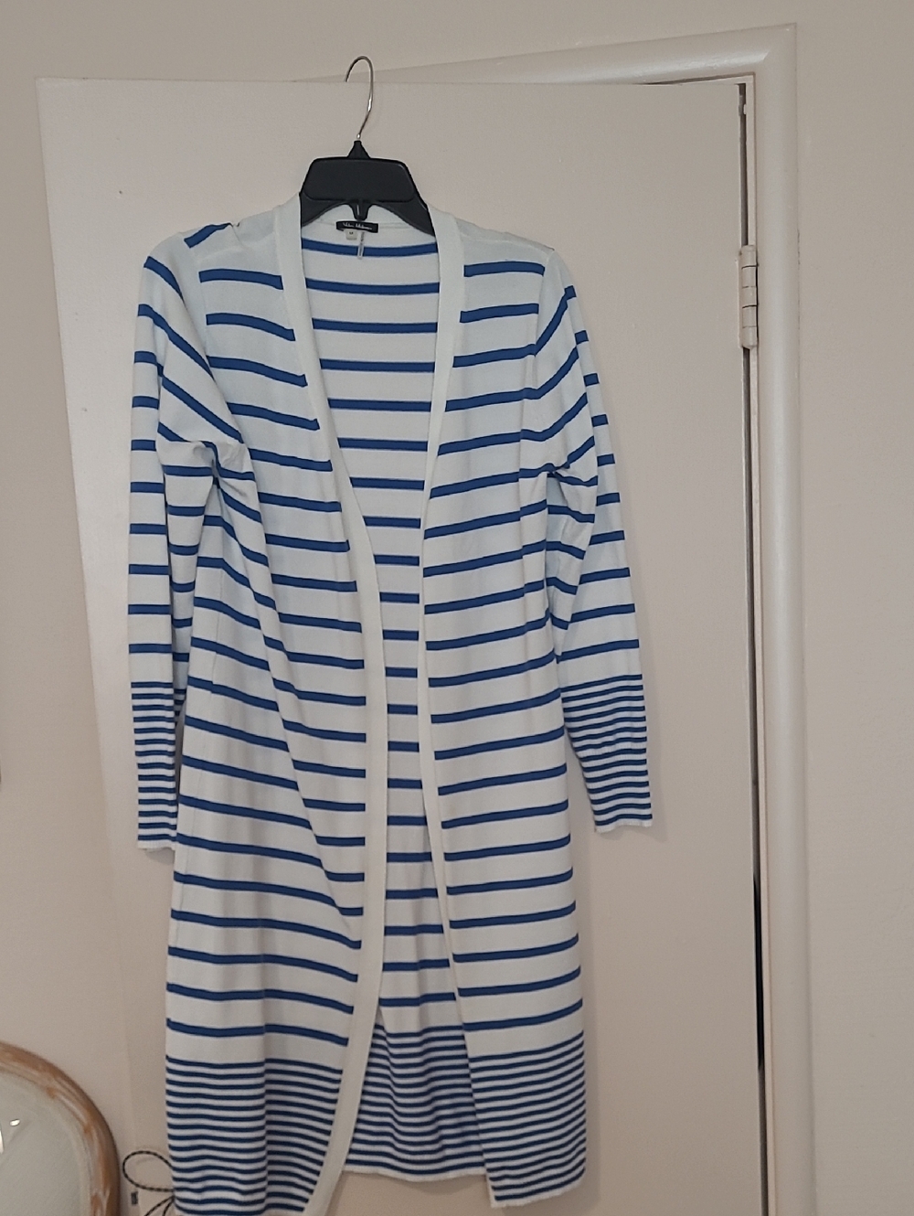 Milano Blue and White Striped Open-Front Long Duster Cardigan